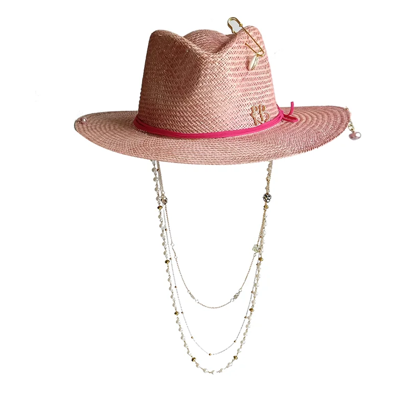 Pink Panama Hat Sisal Straw Ha DIY Personalized Handmade Hat featuring Pearl Chain Flat Top Sun Hat Women's Cap