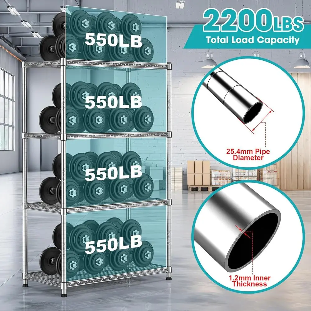 Estante de arame de metal resistente de 4 camadas, unidade de armazenamento resistente ajustável para casa e garagem, comporta até 2200 libras