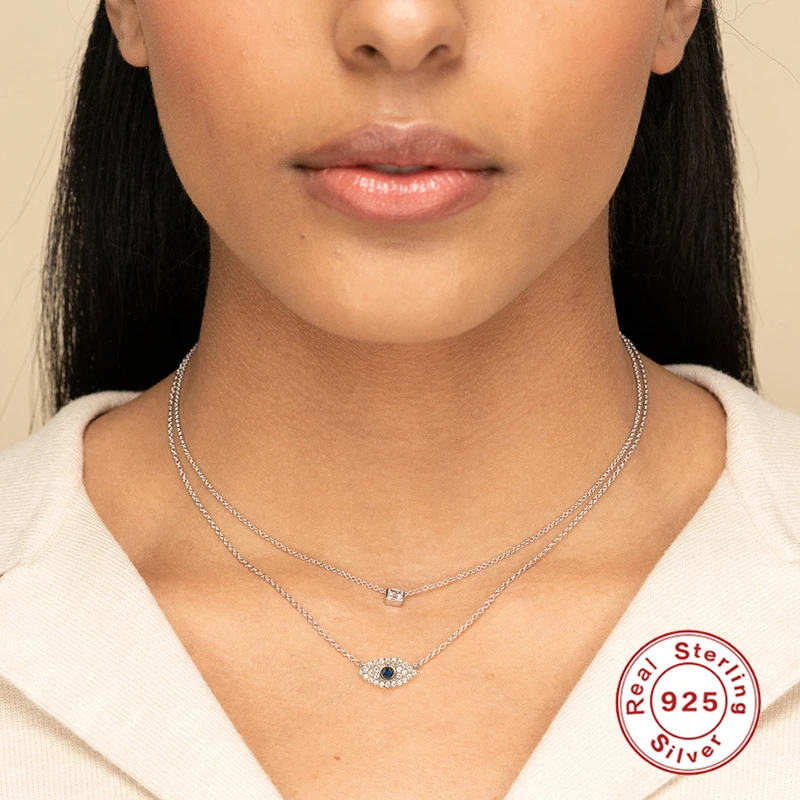 925 Sterling Silver Vintage Blue Crystal Necklace Pendant Clavicle Chain Statement Women Jewerly Accessory Collares Bijoux Femme