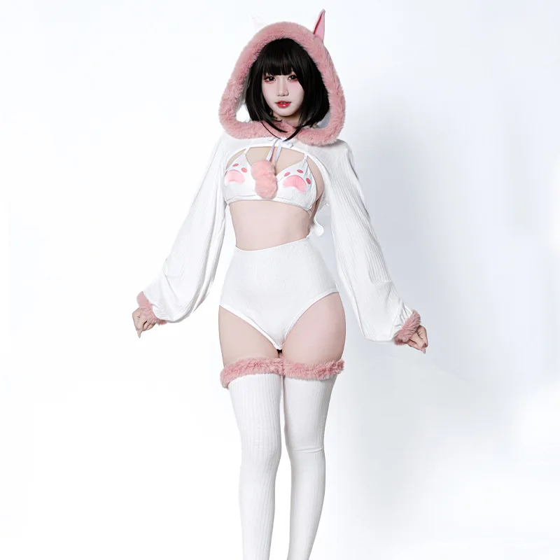Niedliches Original-Stil Japanisches Katzenanzug-Bikini-Set mit Abnehmbarem Schwanz Flauschige Katzenohren Bequemes Weißes Baumwoll-Polyester-Outfit