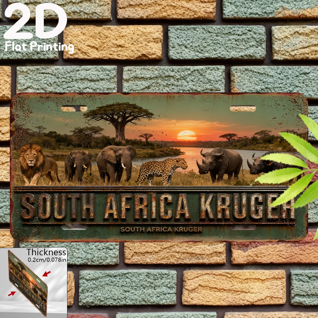 Letrero Decorativo de Pared de Aluminio Plano 2D con Diseño Vintage de Safari y Paisaje de Animales Salvajes de Kruger, Sudáfrica: León, Elefante, Leopardo