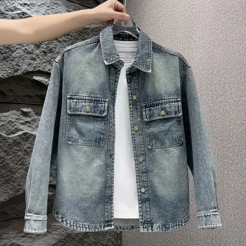 Shirt Denim Wash Men's Coat Lapel Jacket American Retro Casual Versatile Top