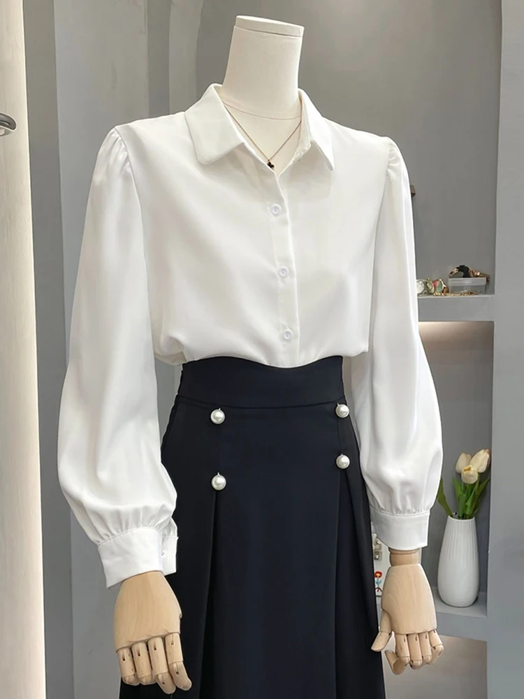 

Jmprs OL White Shirts Long Sleeve Elegant Simple Button Up Women Turn Down Collar Korean Slim Shirt Causal Solid Female Tops New