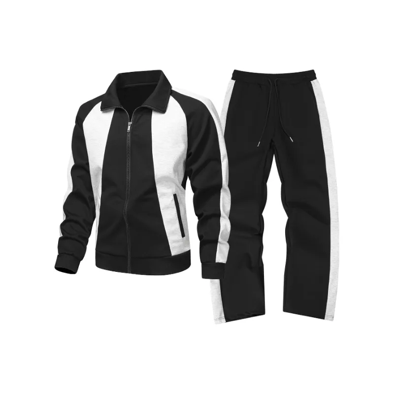 스탠드 칼라 재킷 남성 의류 레트로 패치워크 루즈 탑 스포츠 캐주얼 엘라스틱 하이 웨이스트 바지 세트