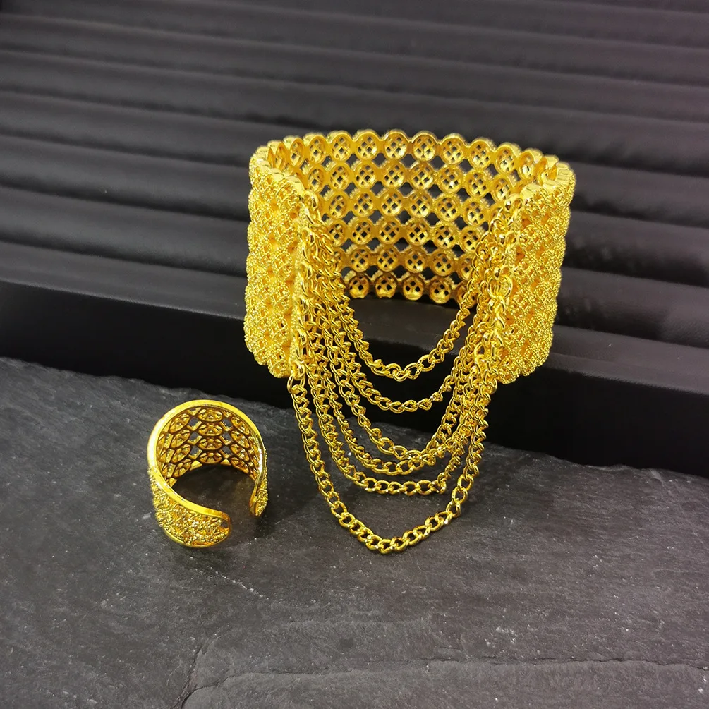 Liffly Dubai Gold Plated Jewelry Set - Hollow Tassel Cuff Bangle + Open Ring for Women Wedding Engagement Party Gift