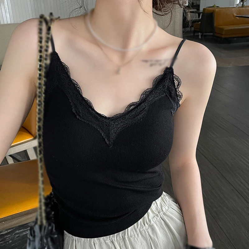 Women Sleeveless Tank Tops Solid Color Korean Version V Neck Slim Fashion Lace Stitching With Chest Pad Camisole