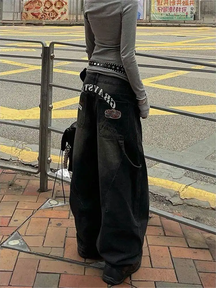 Retro American Print Wide Leg Jeans Loose High Street Style Unisex Casual Loose Fit Workwear Trousers for Men And Women
