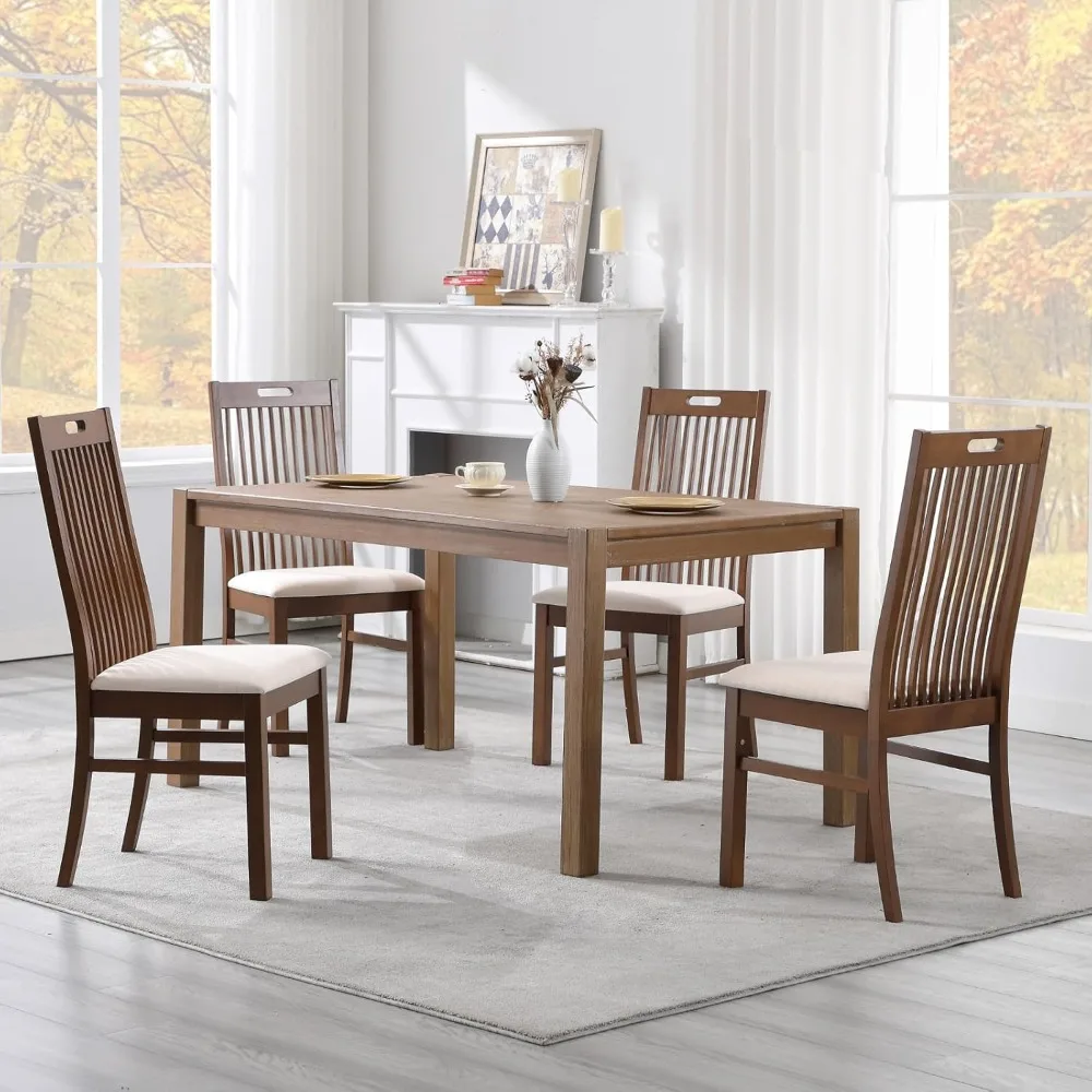 

Walnut Dining Chair Set of 6, Farmhouse Wood Kitchen Chairs with Spindle Slat High Back/Upholstered Seat