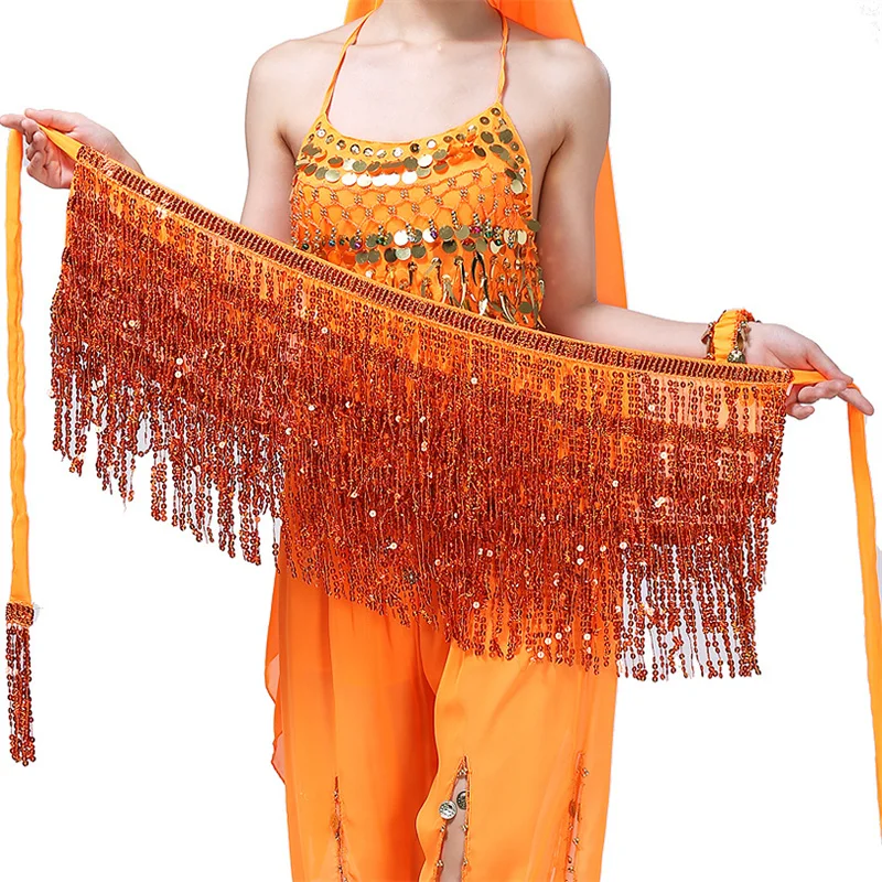 Women Sequins Belly Dance Skirt Belt Dancing Costume Adult Adjustable Tassel Dance Hip Scarf for Dancewear Practice Performance