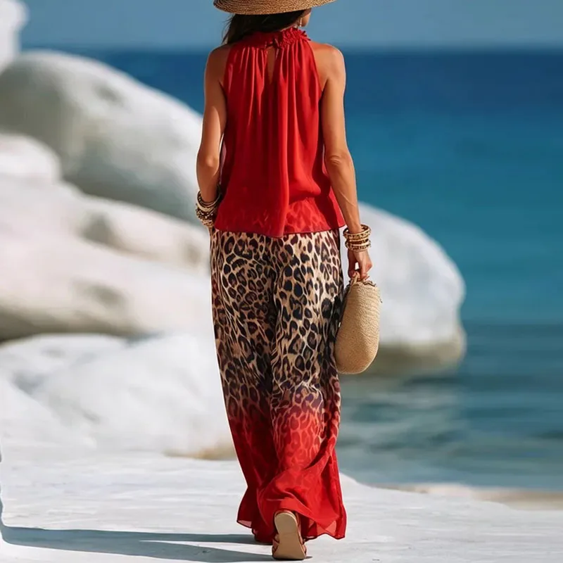Summer Women 2Pcs Outfit Ruffle Neck Sleeveless Elastic Waist Gradient Leopard Print Wide Leg Pants Outfits Casual Vacation Sets