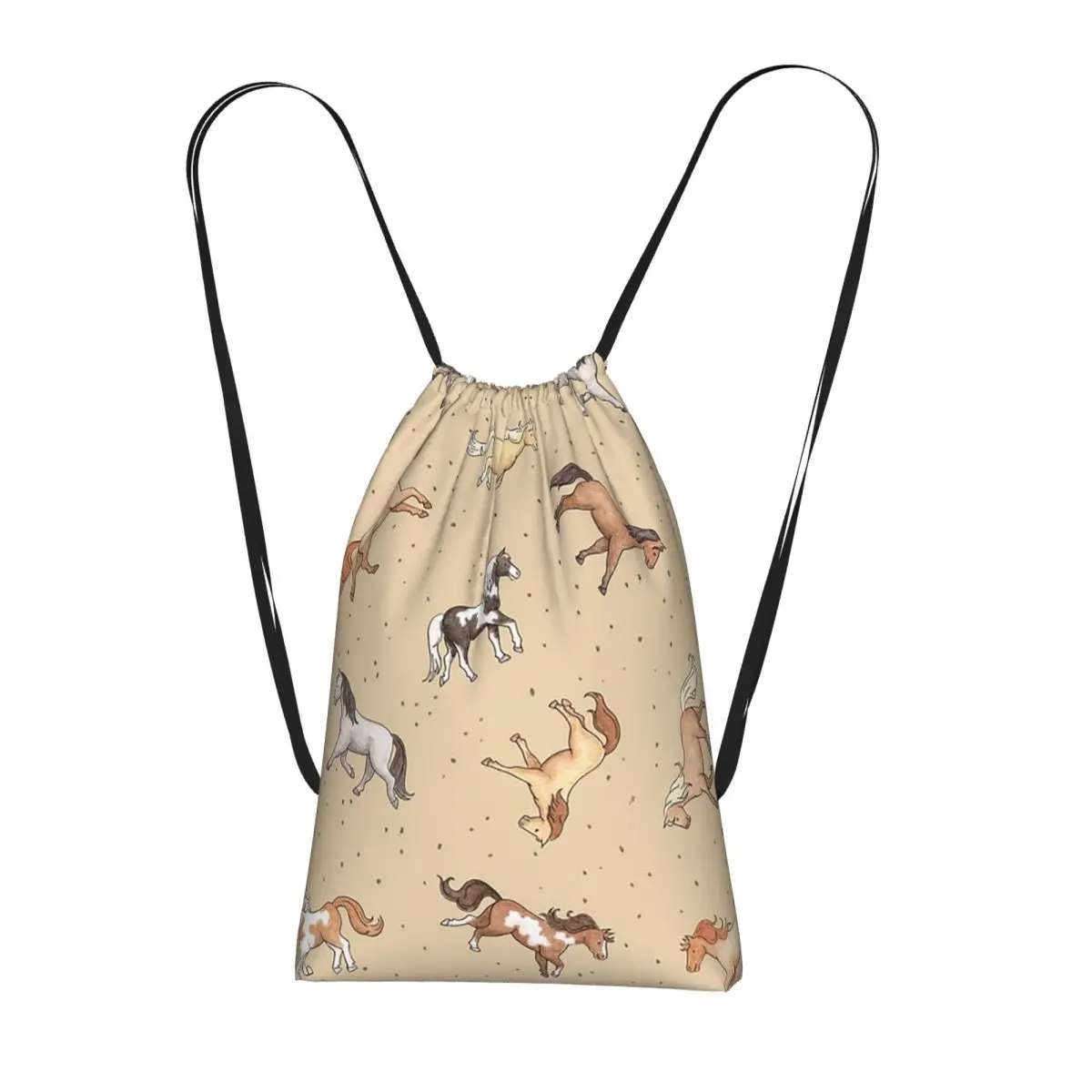 Mochila con cordón de color taupe con diseño de caballos dispersos, bolsa deportiva para gimnasio, bolsa de viaje portátil con cordón para hombres y mujeres