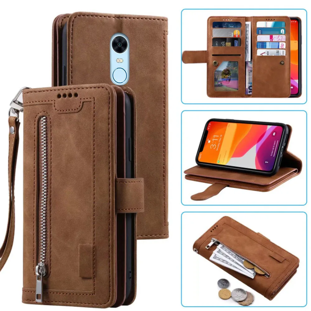 9 Cards Wallet Case for Redmi 5 Plus Phone Case Card Slot Zipper Flip Folio with Wrist Strap for Redmi Note 5 Leather Case image 4