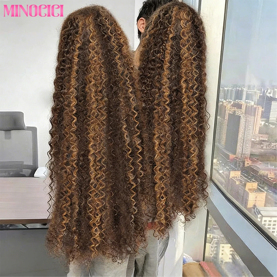 

32 Inch 4/27 Highlight Honey Brown Curly Lace Front Human Hair Wigs 13x6 Ombre Colored Deep Wave Lace Frontal Wigs Women ﻿