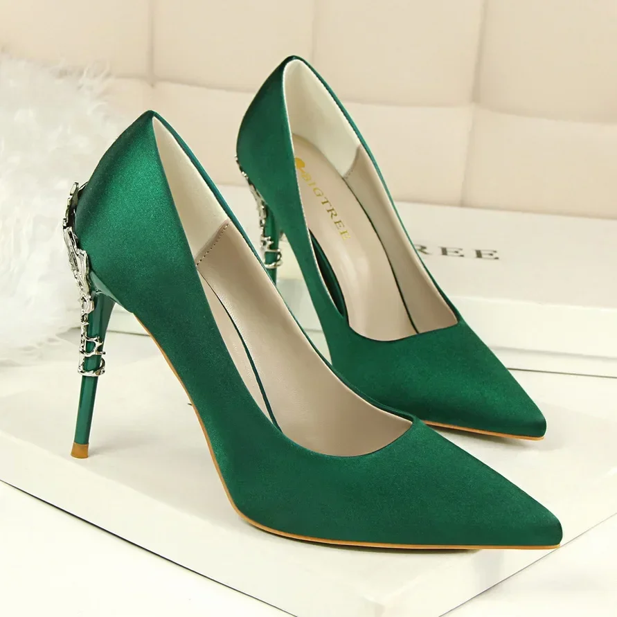 Woman 10cm High Heels Metal Heels Satin Silk Dress Fashion Pumps Lady Wedding Bridal Scarpin Catwalk Orange Green Wine Red Shoes