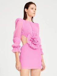 Sexy Long Sleeve Backless Big Flower Mini Dress Women O Neck Pleats 3D Floral Slim Dresses Elegant Evening Party Runway Gowns