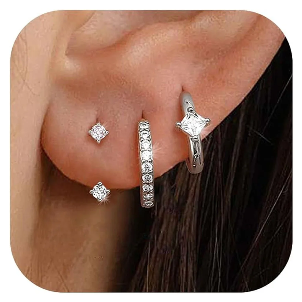 3Pairs Silver Earrings for Women 14K Gold Plated Small Huggie Hoop Earrings Sets Hypoallergenic Stacks Trendy Earring Jewelry