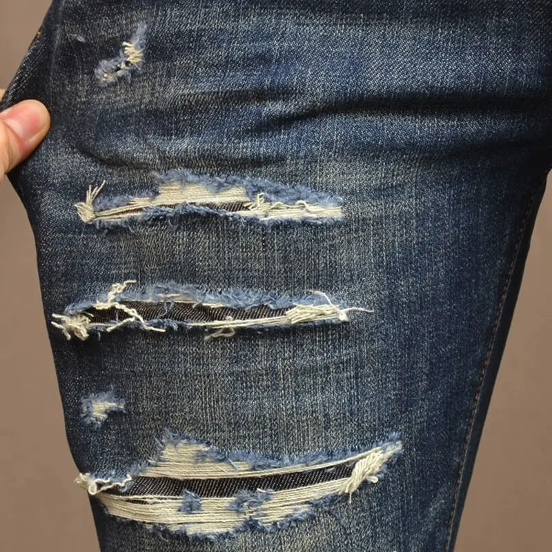 

Y2KFashionable men's jeans tear elastic slim fit retro washed blue jeans designer casual Italian style pants hombreY2K