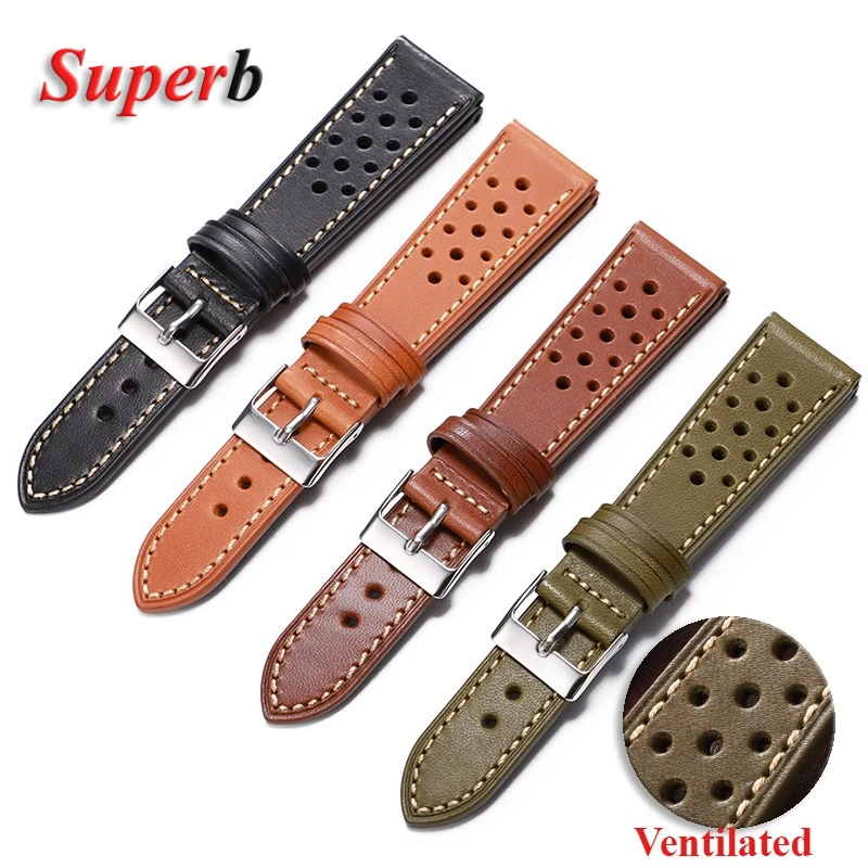 Handgefertigtes Rindslederarmband mit Nähten für Rolex, belüftetes Design, 18 mm, 20 mm, 22 mm, grün-braunes, ultradünnes Herrenarmband