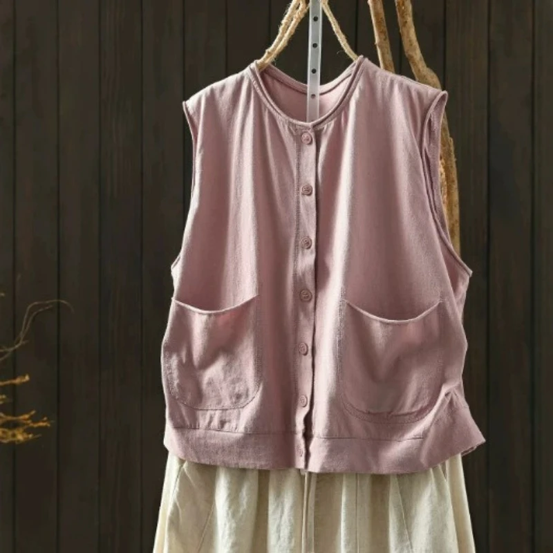 Women Summer Vintage Mori Girl Solid Color Cotton Vest Outwear O-Neck Sleeveless Pocket Front Single Breasted Vest Shirt Tops