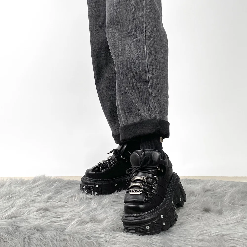 New Punk Style Women Shoes Lace-up Woman Gothic Ankle Rock Boots Metal Decor Fashion Height Increasing Shoes Creepers Female Ca