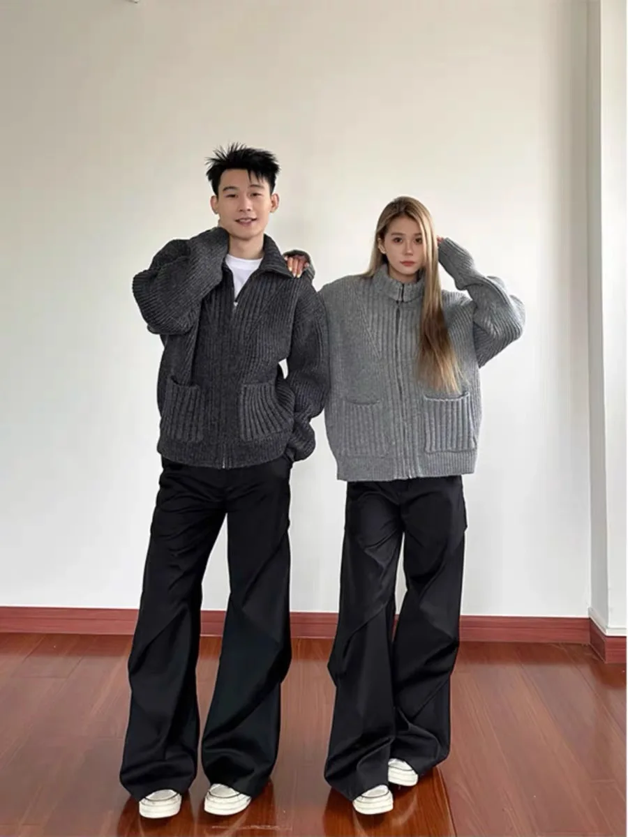 

Американский ретро Thiened f-высокий воротник на молнии вязаный открытый кардиган мужской осенне-зимний повседневный универсальный ленивый воротник-стойка...