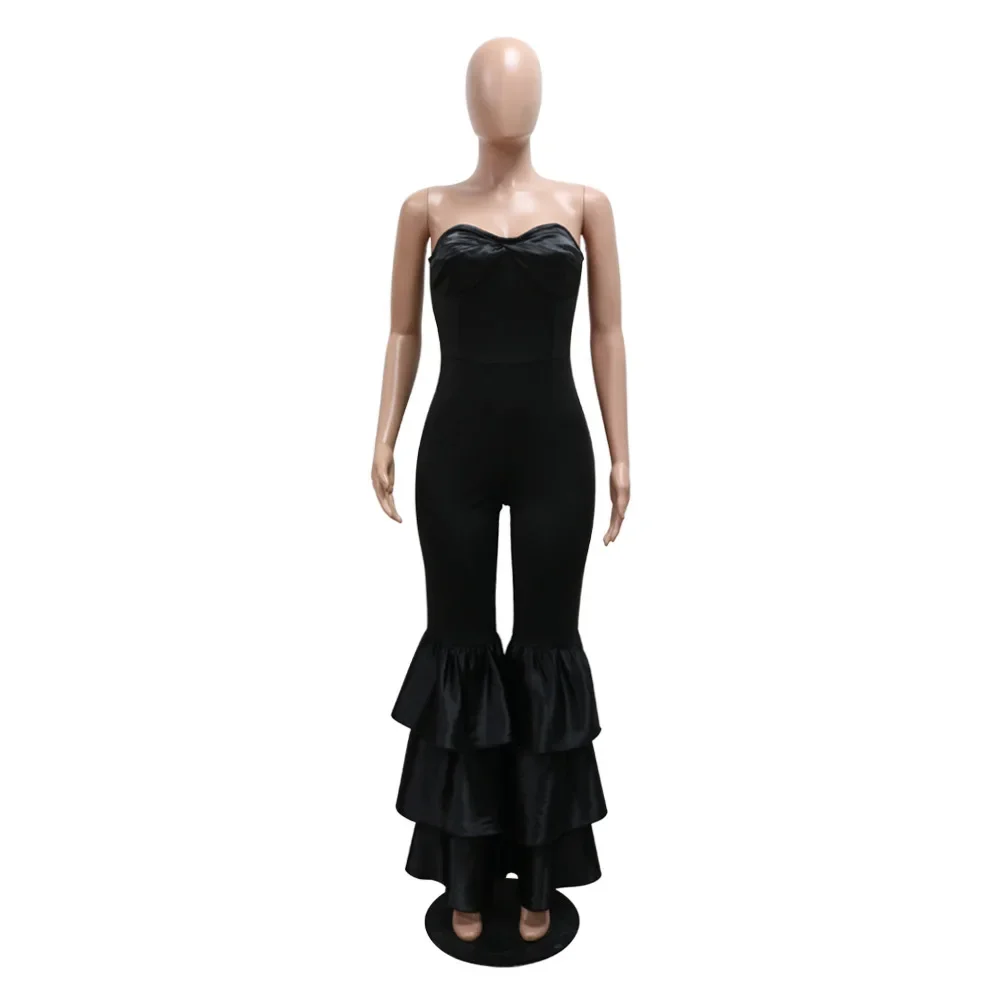 Sexy Ruched Patchwork Bodycon Jumpsuits Woman Solid Sleeveless Backless Tiered Ruffle One Piece Rompers Female Overalls New
