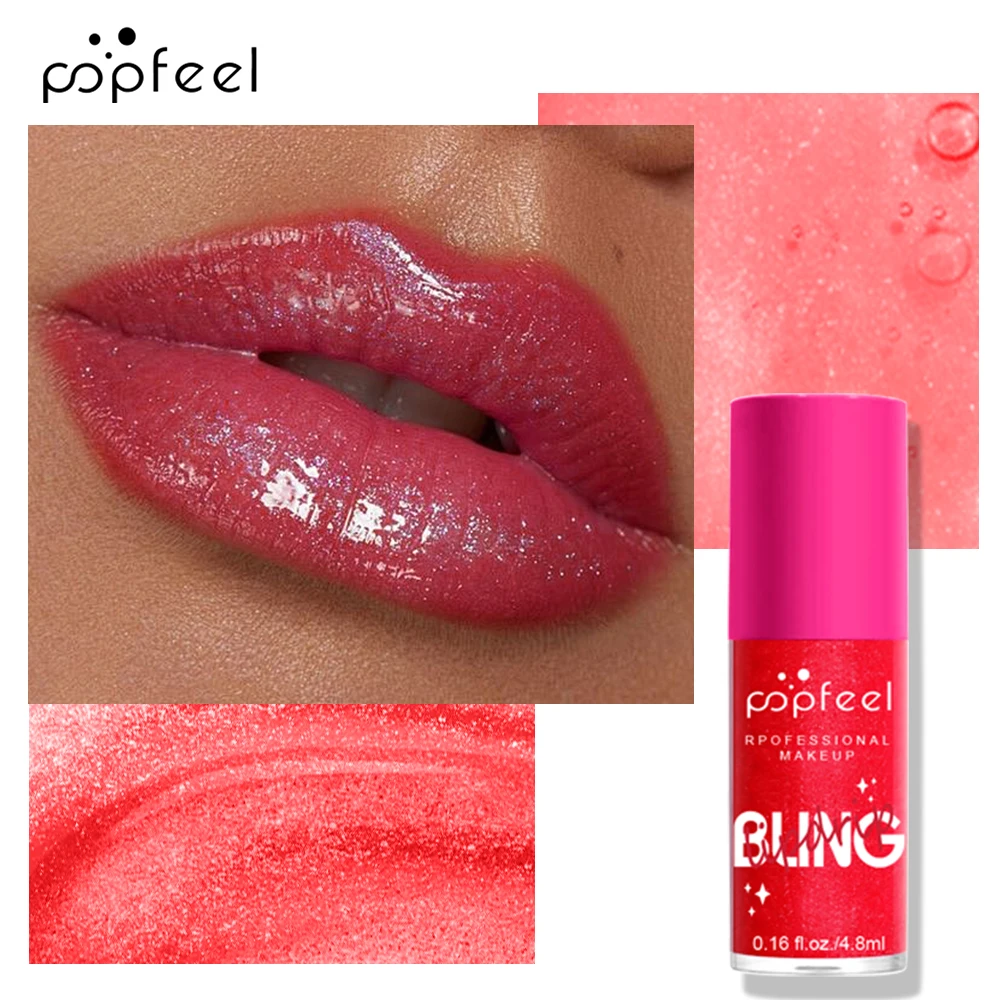 POPFEEL 립 오일 립 케어, 보습 및 영양 공급, 보습 립 글로스, 큰 브러시 헤드 글리터 샤인