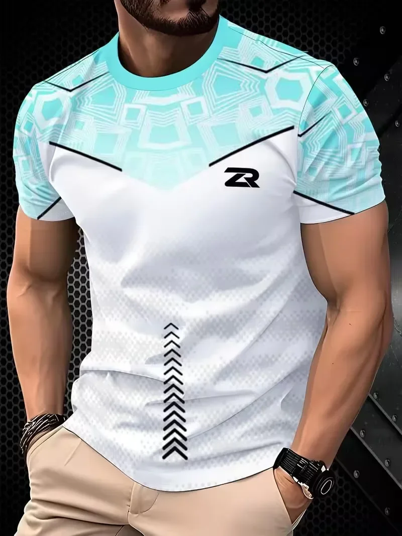 Fashion New Men's Gradient Color Sport T‑Shirt Rhombus Geometric Pattern Crew Neck Short Sleeve Athletic Casual Tee Tops