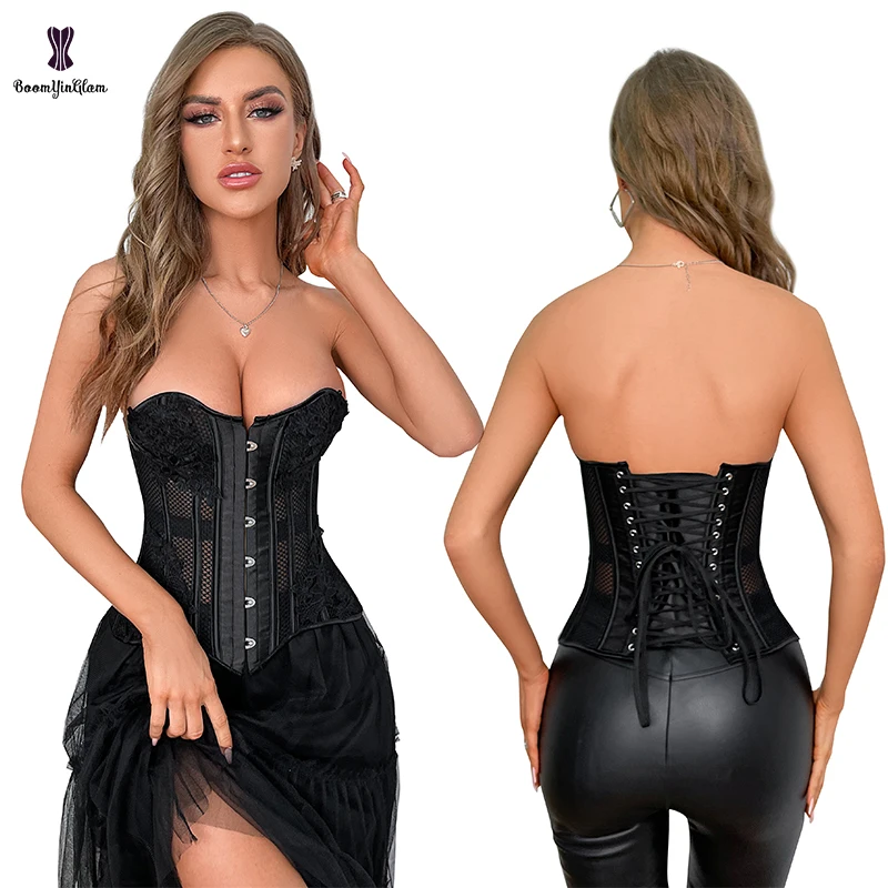 16 Plastic Bones Supported Appliqued See-Through Mesh Net Lingerie Corsets & Bustiers Plus Size Underwear Corselet Top For Women