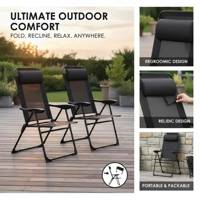 Folding Patio Dining Chairs Set of 2, Outdoor Deck Chair with Adjustable Sling Back, Camping Chair with Removable Headrest for Garden, Backyard, Lawn, Black