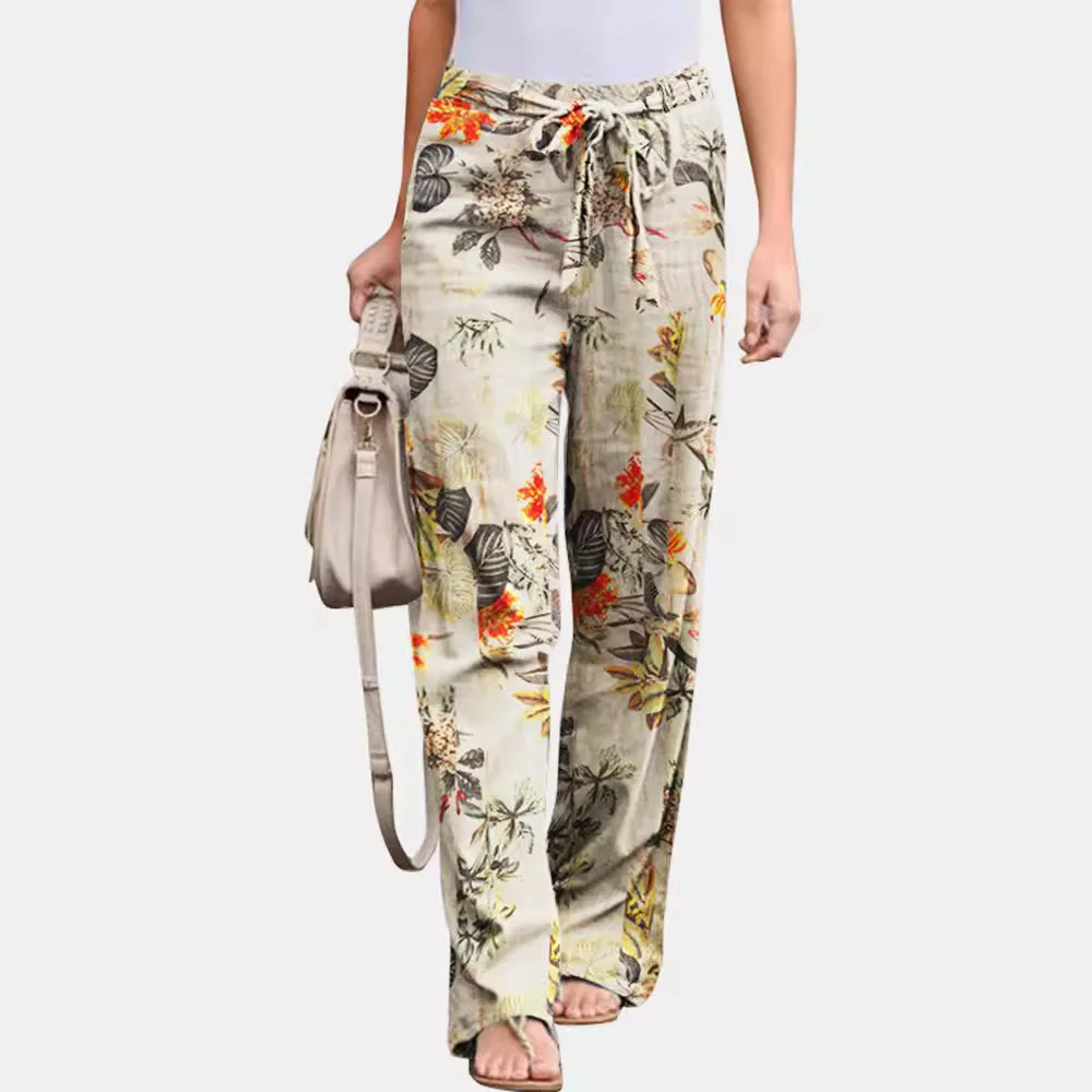 Casual Flower Print Cotton Linen Straight Leg Pants Women Fashion Lace Up Elastic Waist Home Trousers Female Plus Size Pants