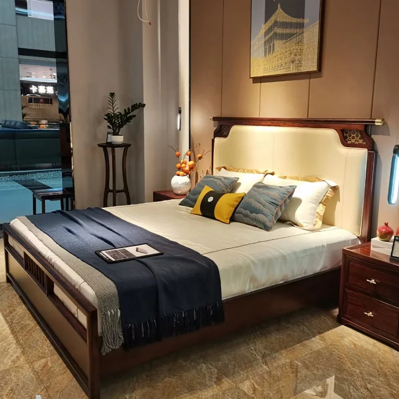 

For New Chinese Modern Style Bedroom Furniture Set Classic Carved Solid Wood Genuine Leather Bed Set
