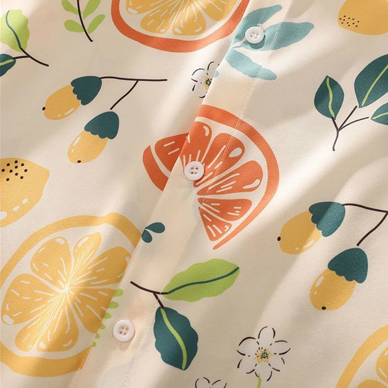 Fashionable Loose Couple Lemon Print Shirt Trendy Versatile Casual Men's And Women's Short Sleeves Fragmented Flower Shirt