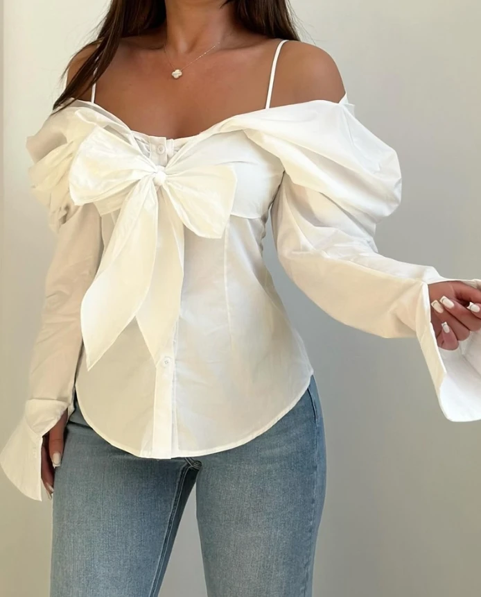 Women's Blouse Trendy 2024 Gigot Long Sleeve Cold Shoulder Cinched Waist Blouse Bowknot Design Button Down Slim Fit Casual Top