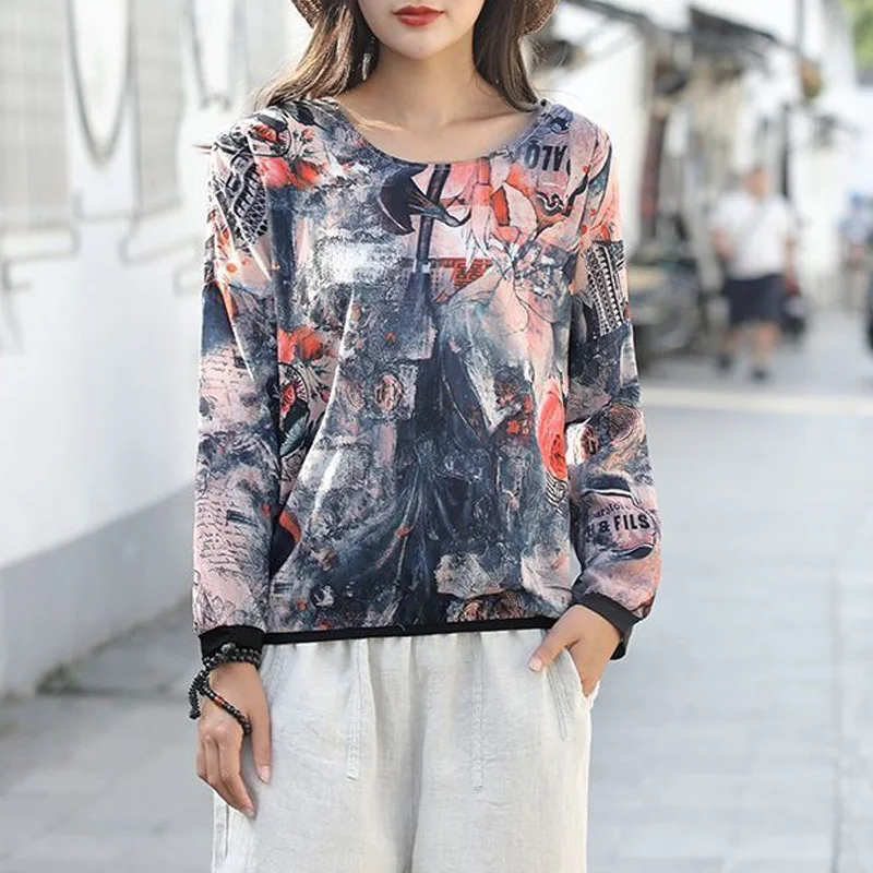 2023 New Spring and Summer Fashion Trend Round Neck Printed Long Sleeve Top Casual Loose Versatile Sunscreen Women's Shirt