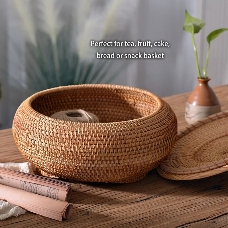 Handwoven Rattan Storage Box With Lid Tea Food Container Rangement Cuisine Box Bread Fruit Basket Kitchen Gadgets Home Organizer