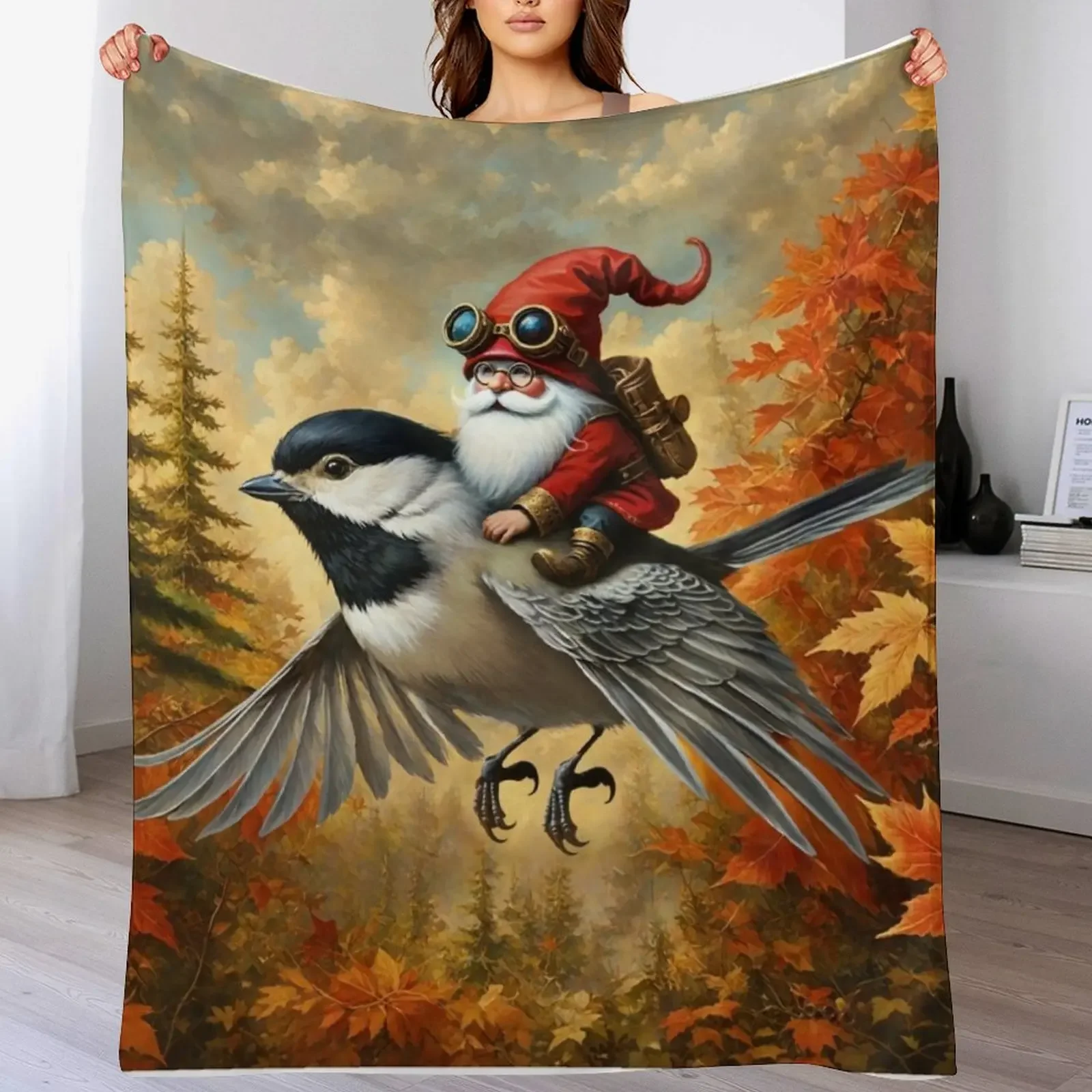 

Gnome Rider on a Chickadee Throw Blanket Warm Plush Fuzzy Blanket for Living Room