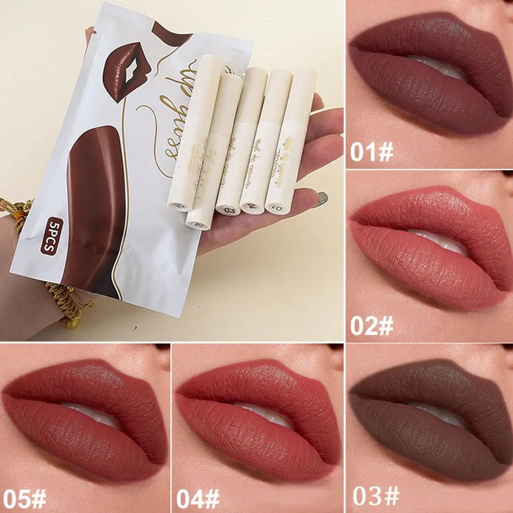 Chocolate Lip Glaze 5-teiliges mattes Samt-Lippenstift-Set, langlebig, wasserdicht, glatt, flüssig, Wasser, leicht, Lipgloss, Damen-Make-up
