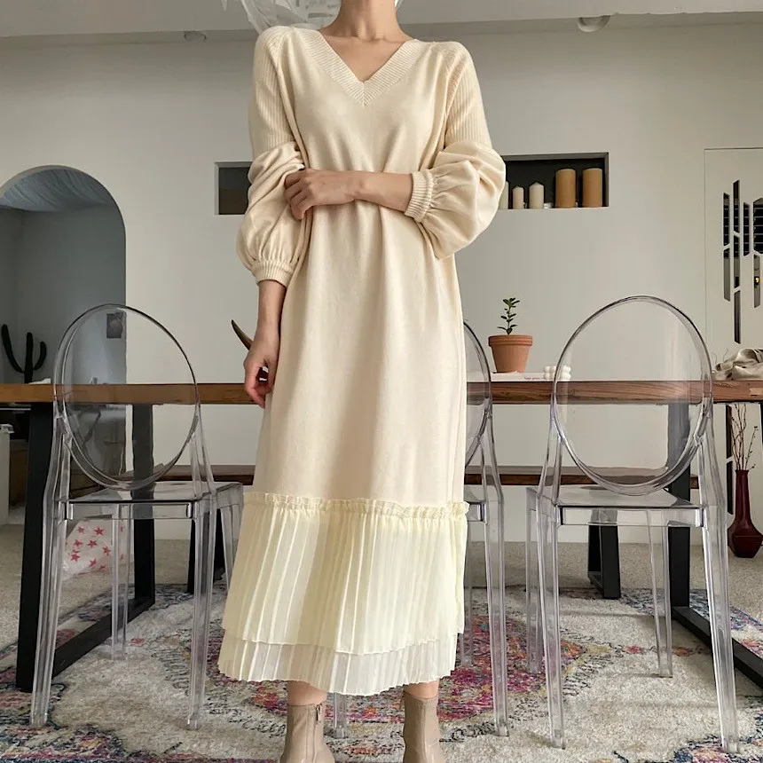 

Knitted Dresses New Autumn Thick Clothing Elegant Korean Solid Vintage Woman Winter Warm 2022 Sweater Dress Women V Neck Loose