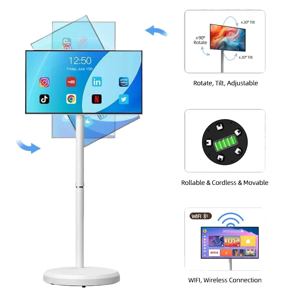 21.5 Inch Smart Tablet Tv on Wheels Portable Digital Signage Display Rotatable Touch Screen  Monitor Android 15 Smart Television