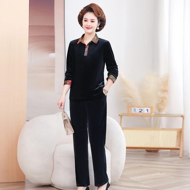 Women Spring Autumn Velvet Two Piece Set Middle Aged Mom Floral Collar Long Sleeve Top Straight Pants Casual Suit