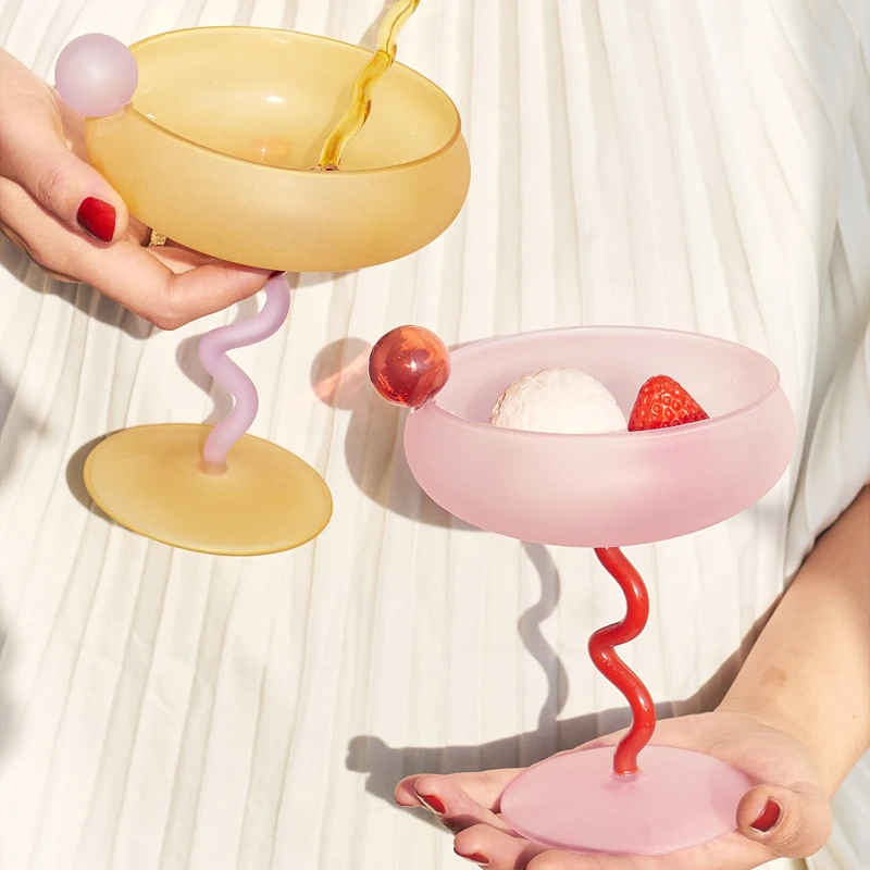 

JINYOUJIA Sugar Bean Twist Goblet Frosted Glass Goblet Cold Drink Colorful Wine Glass Dished Champagne Cup Birthday Gifts