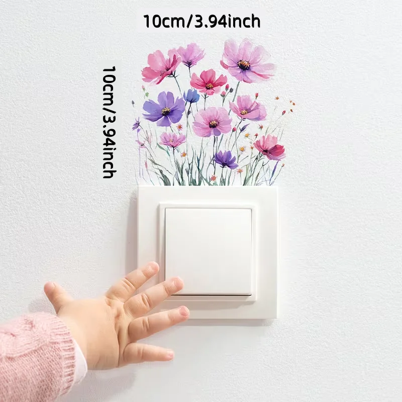 1 BRUP Floral Light Switch Sticker – Peel-and-stick PVC decorative decal featuring pink and purple flowers with green stems; a c