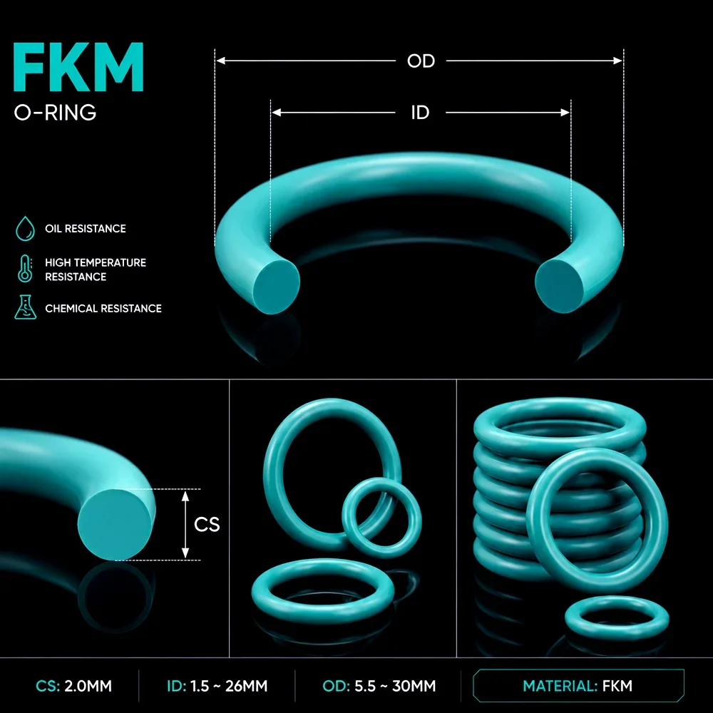 10Pcs FKM O-Ring CS 2mm OD 5.5~30mm High Temperature/Corrosion/Acid Alkali High Temperature Valve Waterproof Sealing Gasket