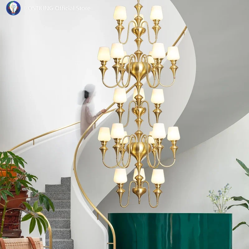 Antique Copper led Chandelier for hotel project Foyer decor Glass lampshade pendant lamp Staircase ceiling Chandelier Lighting