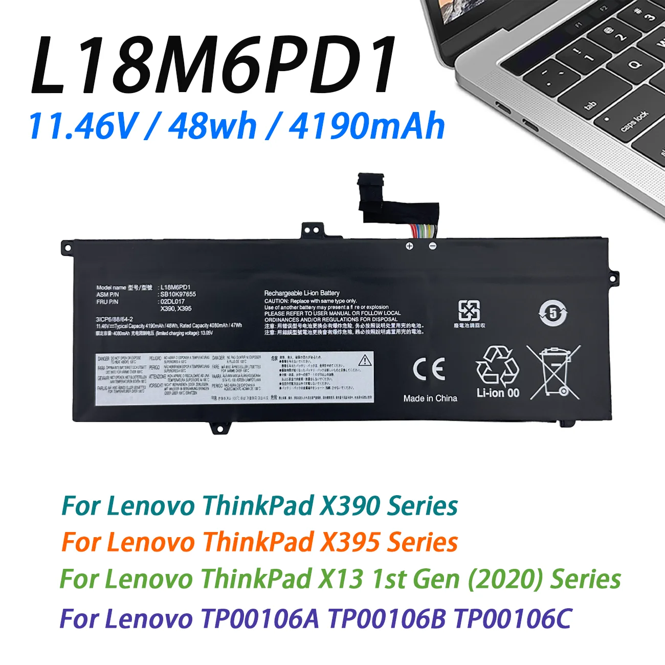 Bateria L18M6PD1 48WH para Lenovo ThinkPad X390 X395 X13 1ª