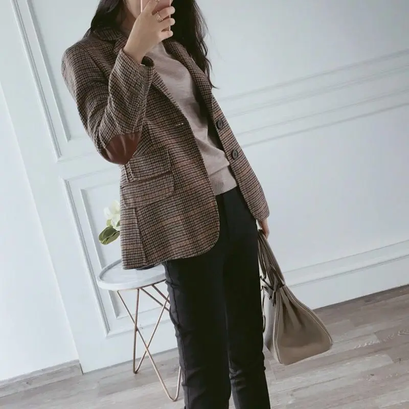 British Style Slim Women Plaid Blazers Patch Elbow Patchwork Women Classic Blazers Coat Formal Lady Single Breasted Outwear Coat