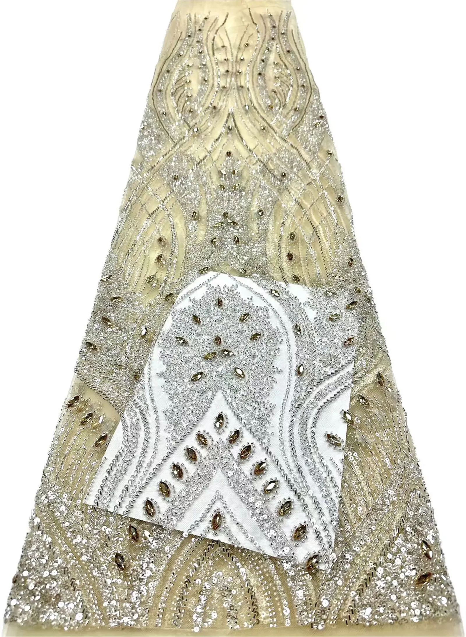 5 Yards rosa modischer nigerianischer Perlen-Stein-Tüll-Spitzenstoff, afrikanischer Pailletten-Netzstoff zum Nähen von Brautkleidern – Detail 19