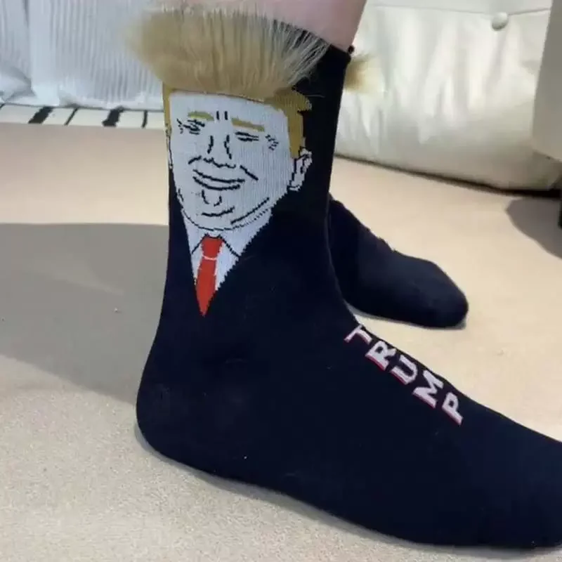 10PCS Funny and Funny Donald Trump Presidential Socks With 3D Fake Hair Round Neck Socks for Men\'s Street Clothing Hip Hop Socks