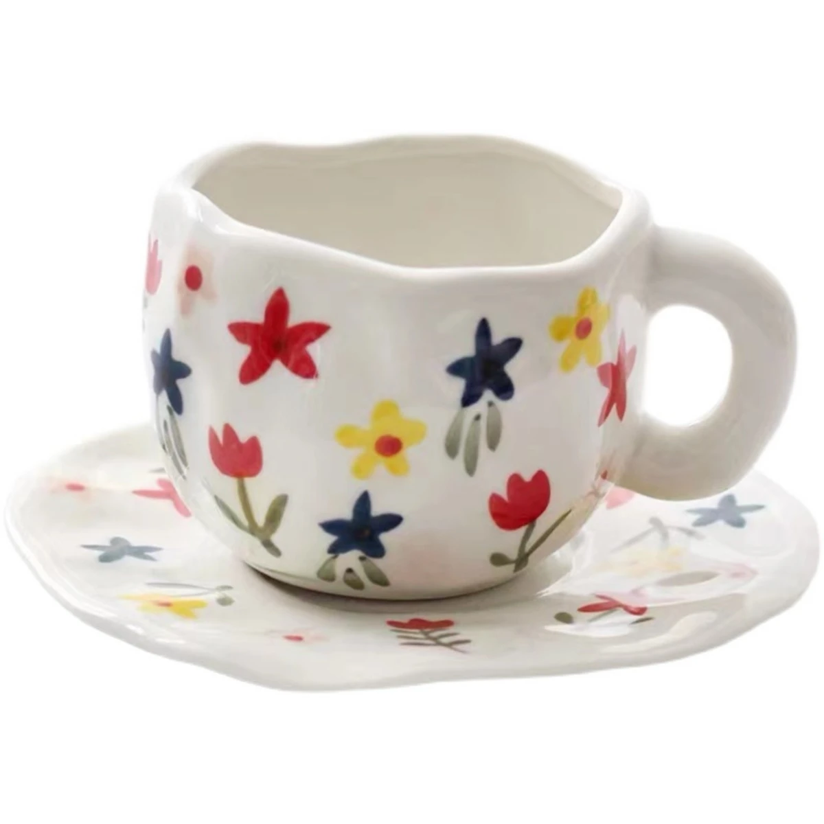 

300ml Hand-painted Flower Ceramic Coffee Cup Home Office Mug With Saucer Breakfast Milk Juice Tea Handle Cup Gift Microwave Safe